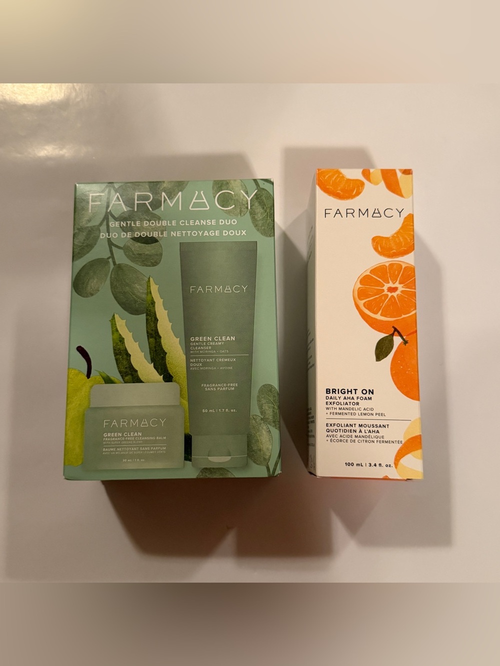 FARMACY GENTLE DOUBLE CLEANSE DUO & BRIGHT ON DAILY AHA FOAM EXFOLIATOR